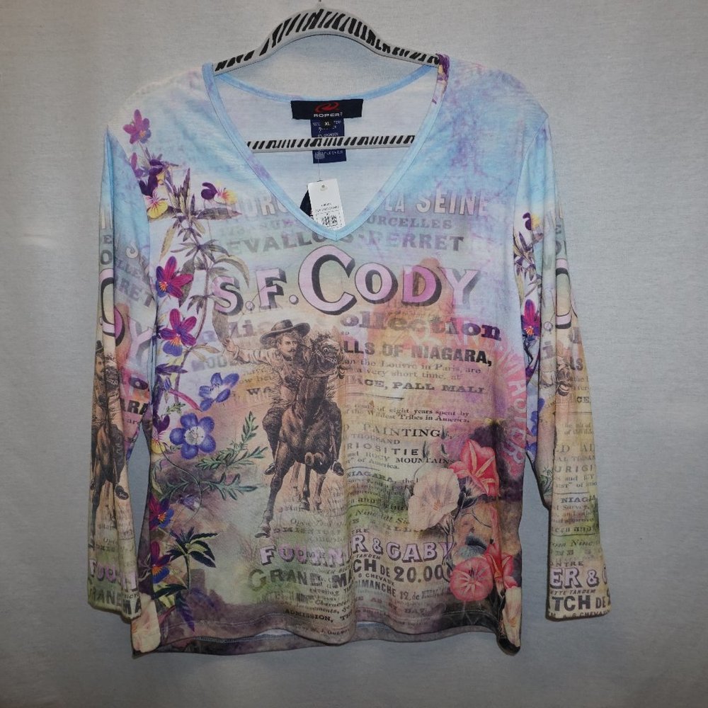 ROPER top RODEO jersey colorful Western newsprint NWT size XL women's